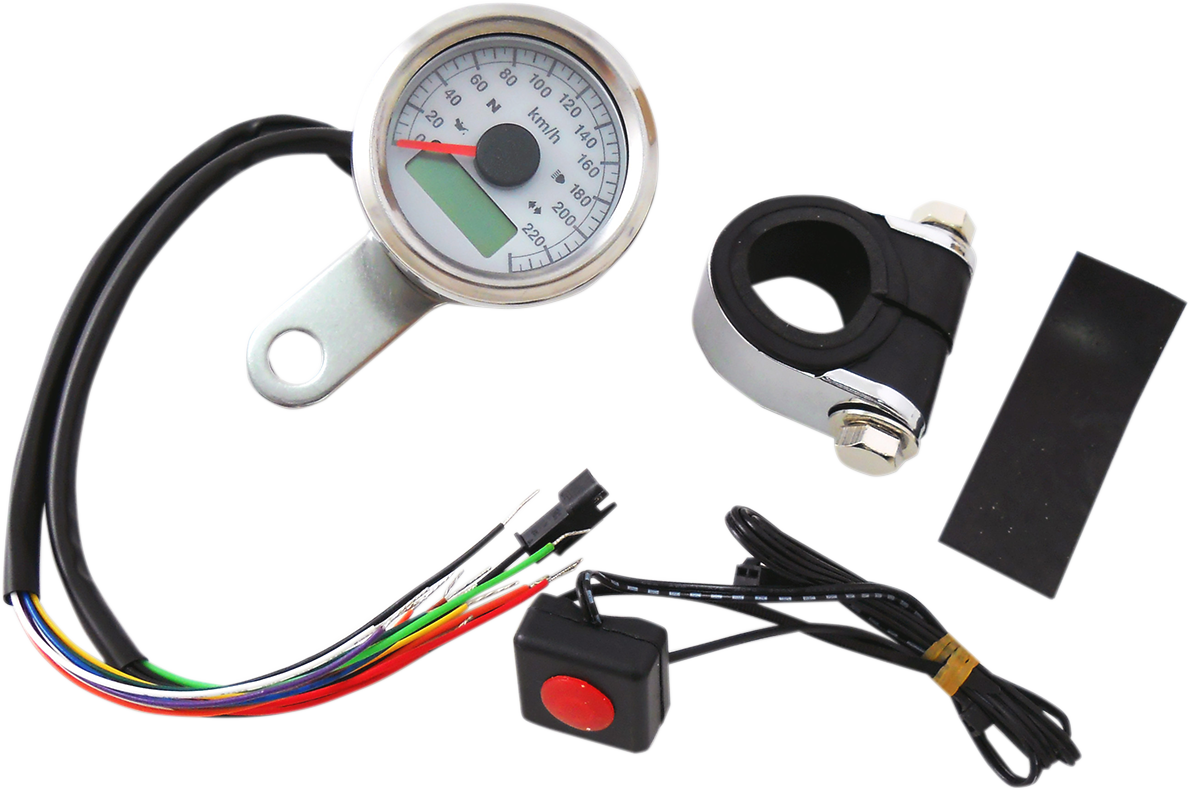 1-7/8" Programmable Metric Speedometer with Indicator Lights | 1-7/8" Programmable Speedometer with Indicator Lights - Stainless Steel - 220 KPH LED White Face