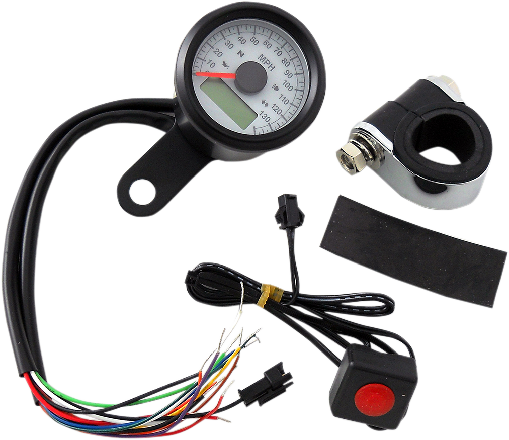 1-7/8" Programmable Electronic Speedometer with Indicator Lights | Programmable Speedometer with Indicator Lights - Gloss Black - 140 MPH LED White Face - 1-7/8"