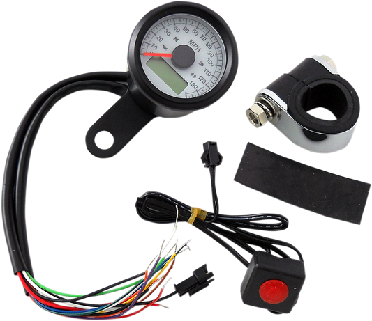 1-7/8" Programmable Electronic Speedometer with Indicator Lights | Programmable Speedometer with Indicator Lights - Gloss Black - 140 MPH LED White Face - 1-7/8"
