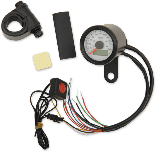 1-7/8" Programmable Metric Speedometer with Indicator Lights | 1-7/8" Programmable Speedometer with Indicator Lights - Gloss Black - 220 KPH LED White Face