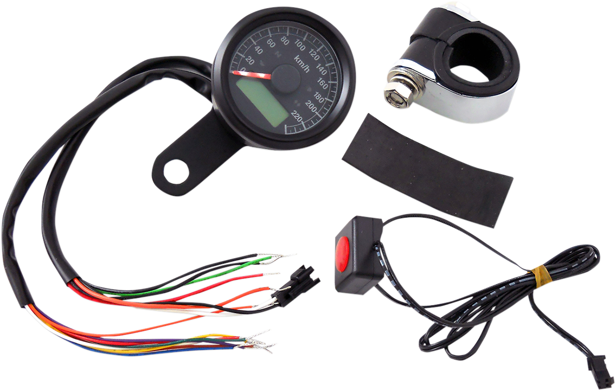 1-7/8" Programmable Metric Speedometer with Indicator Lights | 1-7/8" Programmable Speedometer with Indicator Lights - Gloss Black - 220 KPH LED Black Face